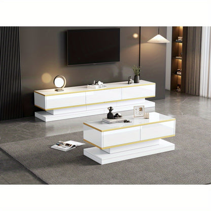 tv-meubel – tv-kast – tv-console – salontafel – woonkamermeubel – Hoogglans Wit Met Gouden Accenten – 3 Laden Tv-meubel & 2 Laden Salontafel