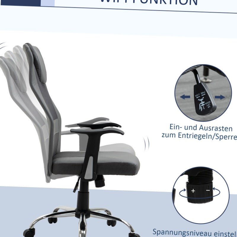Ergonomische Bureaustoel – Bureaustoel – Werkstoel – Kantoormeubilair – Draaistoel – Grijs – 360° Draaibaar – Verstelbare Zithoogte – Max. 120 kg