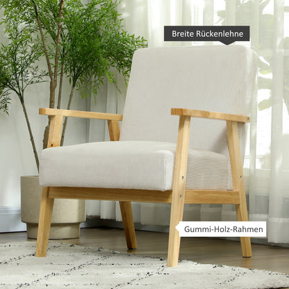 Fauteuil – Lounge Stoel – Relaxfauteuil – Accentstoel – Armstoel – Comfortabele Corduroy Bekleding – Stevig Rubberhouten Frame – Crème Wit