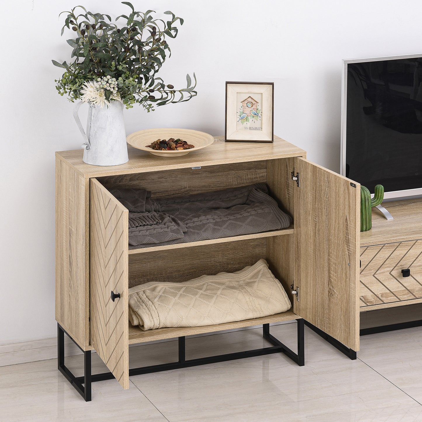 Dressoir – Opbergkast – Ladekast – Buffetkast – Commodes – Hout – 2 Deuren – Zwarte Metalen Poten – 80x29,5x80 cm – Verstelbare Plank