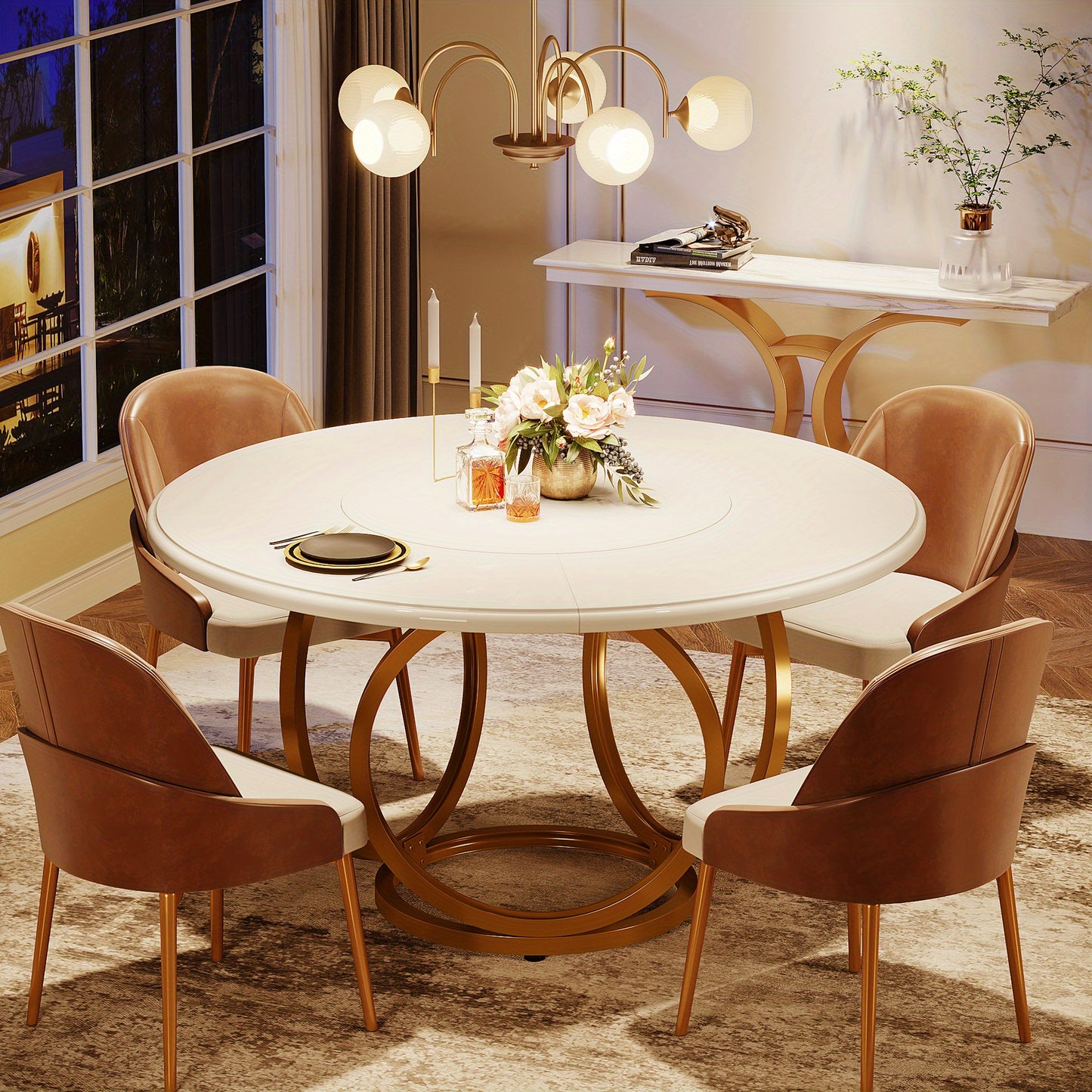 Eettafel – Dinertafel – Keukentafel – Salontafel – Rond – Extra Groot 119 cm – Wit Gelakt Spaanplaat – Gouden Metalen Onderstel – Ruimtebesparend & Modern Design