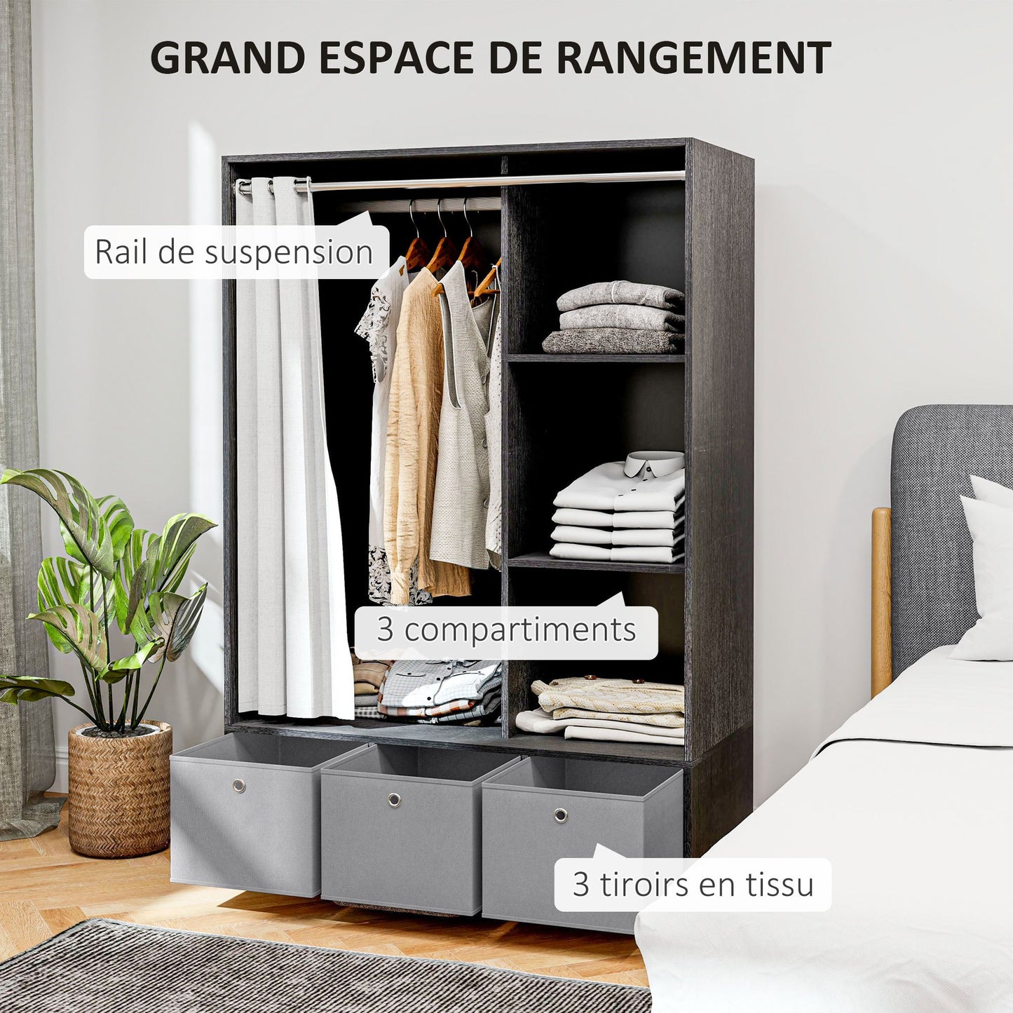 Kledingkast – Kast – Garderobekast – Kledingopslag – Slaapkamerkast – Met Gordijn – 117,5 cm Kledingroede – 3 Uitneembare Stoffen Lades – Zwarte Houtlook – 105x48x160 cm