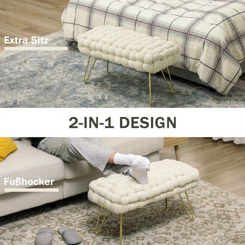 Velvet Padded Kruk – Poef – Voetenkruk – Hocker – Bankje – Met Metaal Poten – Hoogwaardige Voering – Crème Wit – 76x38x42 cm – Duurzaam & Elegant