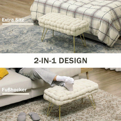 Velvet Padded Kruk – Poef – Voetenkruk – Hocker – Bankje – Met Metaal Poten – Hoogwaardige Voering – Crème Wit – 76x38x42 cm – Duurzaam & Elegant