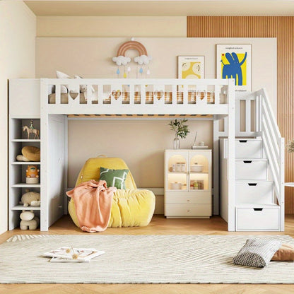 Hoogslaper – Opklapbaar Bed – Stapelbed – Kinderbed – Eenpersoonsbed – Wit Gelakt – Hartvormige Beveiliging – Opbergladder Met Planken – 90x200 cm – Zonder Matras