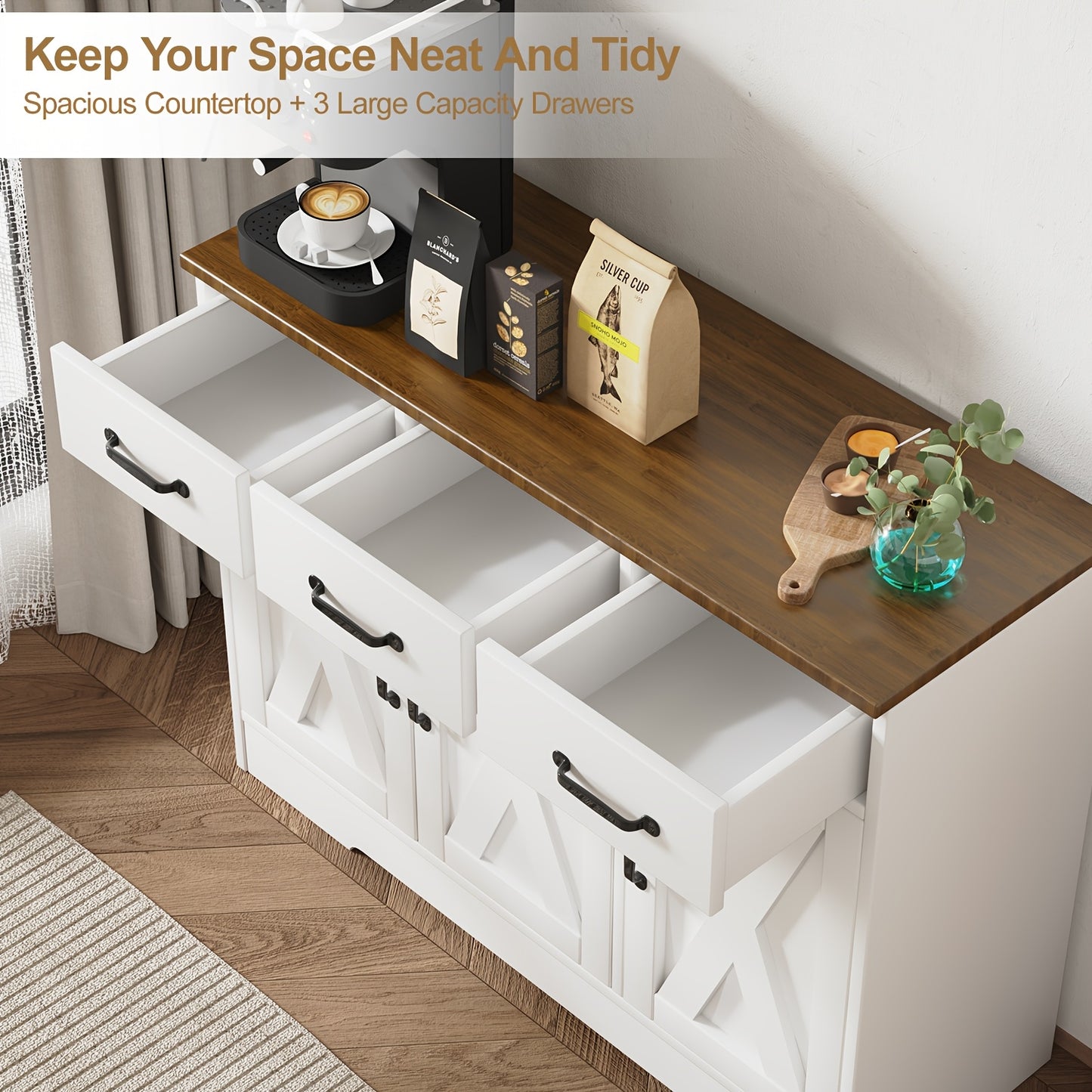 3 Drawers and 3 Doors Sideboard | Wooden Storage Cupboard Cabinet for Kitchen, Living Room, Dining Room, Hallway, White & Black, Contemporary Style, Oyajia Brand
