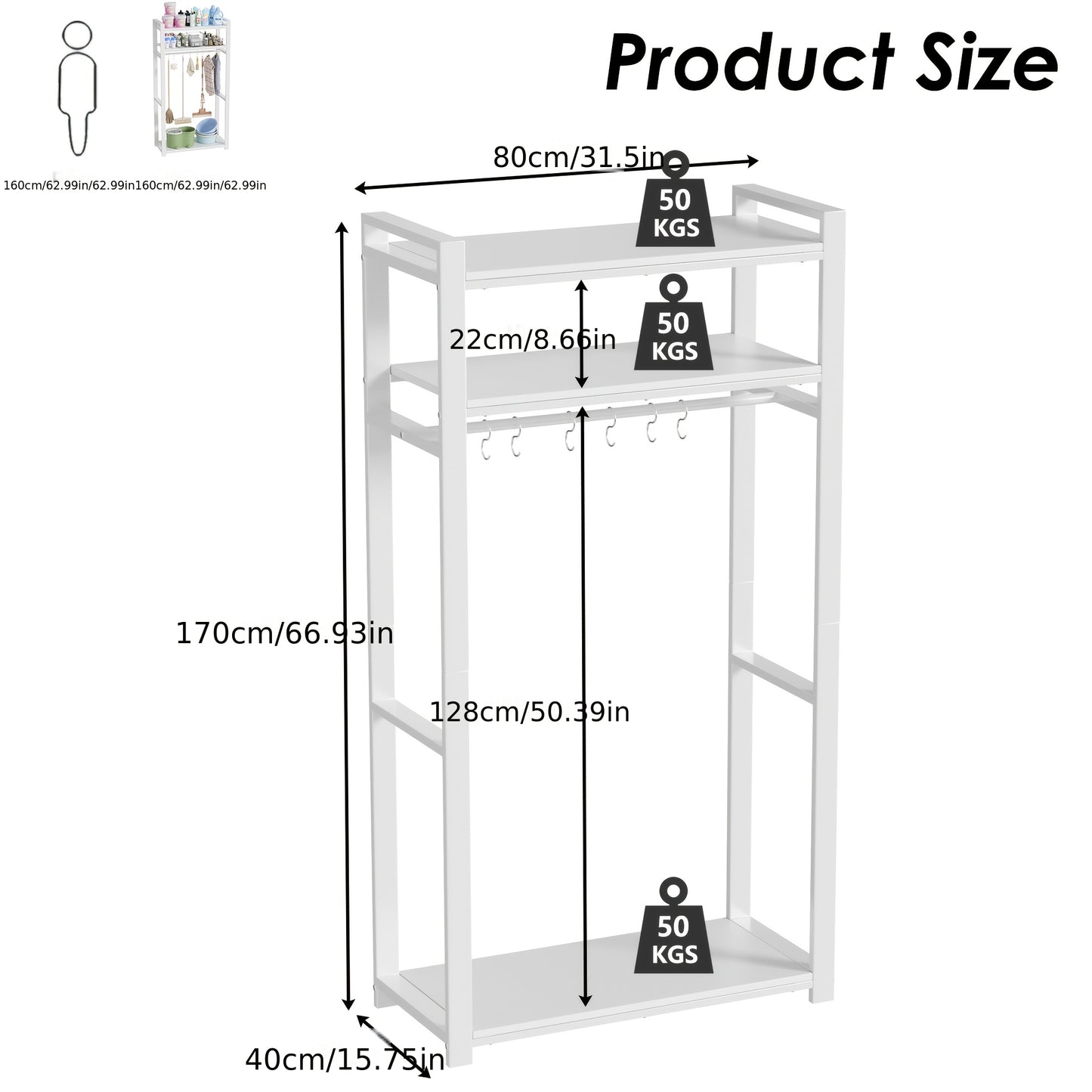 Opbergkast – Opbergmeubel – Wandkast – Schoonmaakkast – Badkamerkast – Met 6 Haken – 80 cm Kledingroede – Vrijstaand Wit – Duurzaam Metaal En Hout – 80x40x170 cm Space-Saving Design