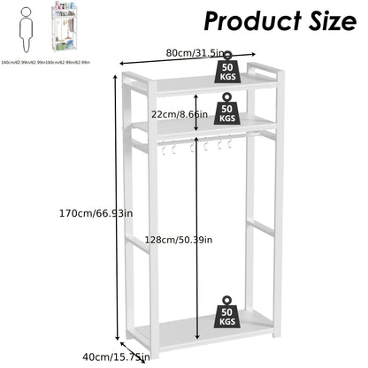 Opbergkast – Opbergmeubel – Wandkast – Schoonmaakkast – Badkamerkast – Met 6 Haken – 80 cm Kledingroede – Vrijstaand Wit – Duurzaam Metaal En Hout – 80x40x170 cm Space-Saving Design