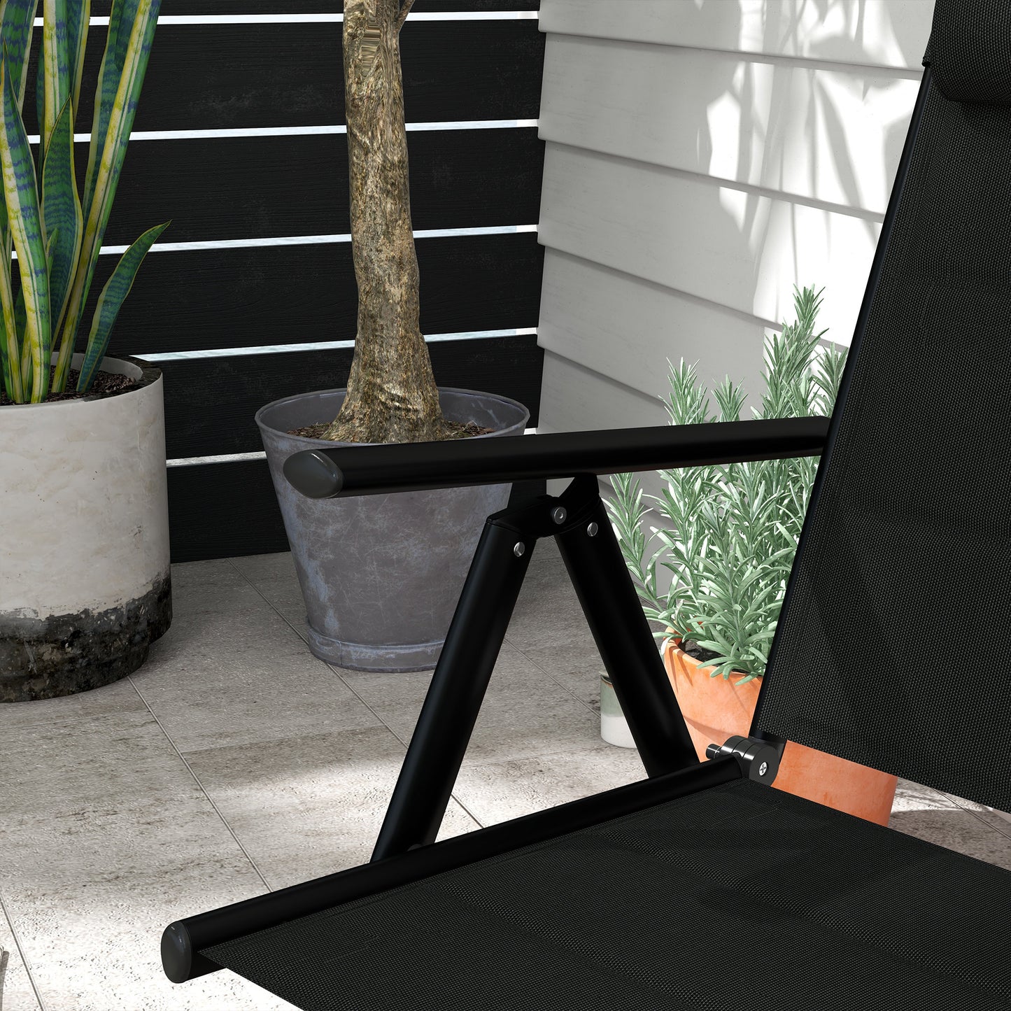 Opvouwbare Tuinstoelen – Klapstoel – Tuinstoel – Campingstoel – Balkonstoel – Met Hoofdsteun en Armleuningen – Aluminium Frame – 130 kg Draagkracht – Zwart – Set van 2 – 54x67x108 cm