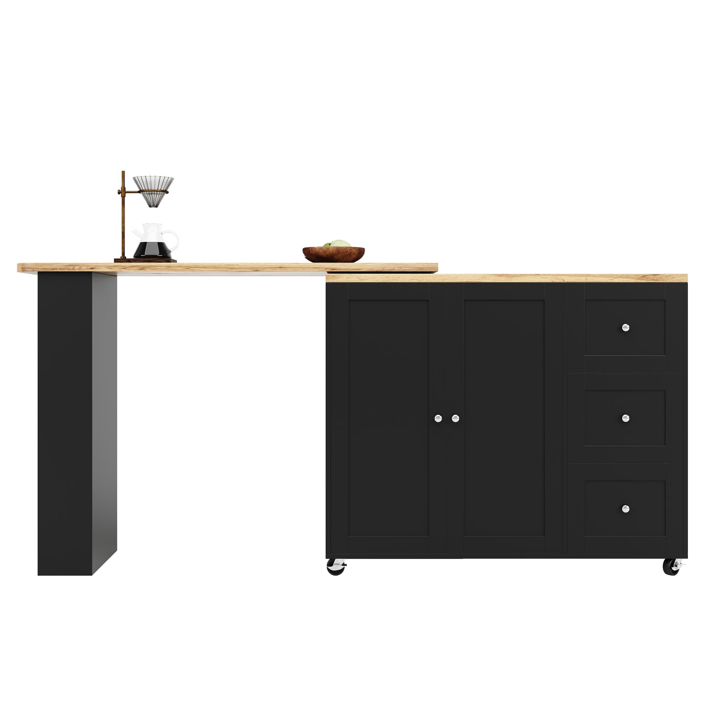 Dressoir – Sideboard – Opbergkast – Ladekast – Draaibaar 360° – Uittrekbare Lengte 135-203 cm – Met Wieltjes en Lade