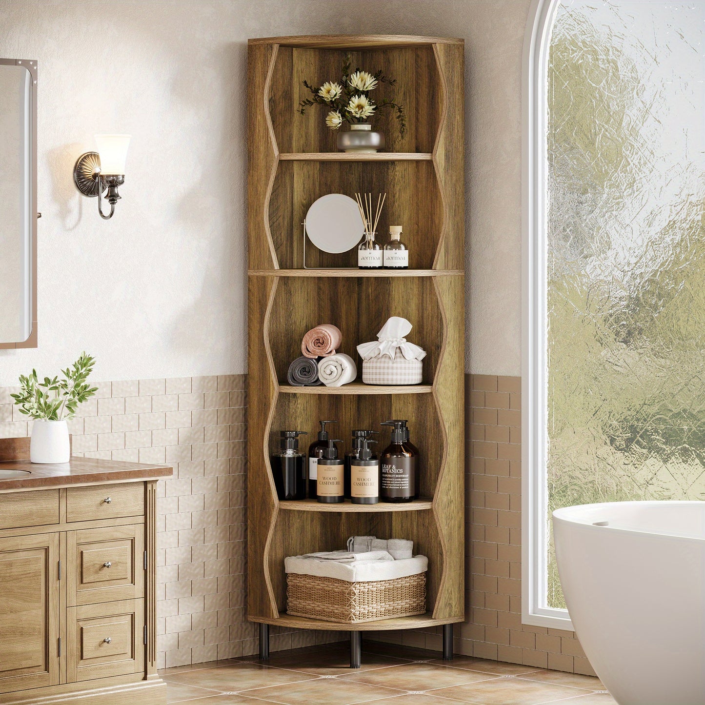Hoekshelf – Hoekplank – Hoekkast – Hoekmeubel – Hoekopberger – Extra Hoog 182 cm – Robuuste Houtlook Bruine Afwerking