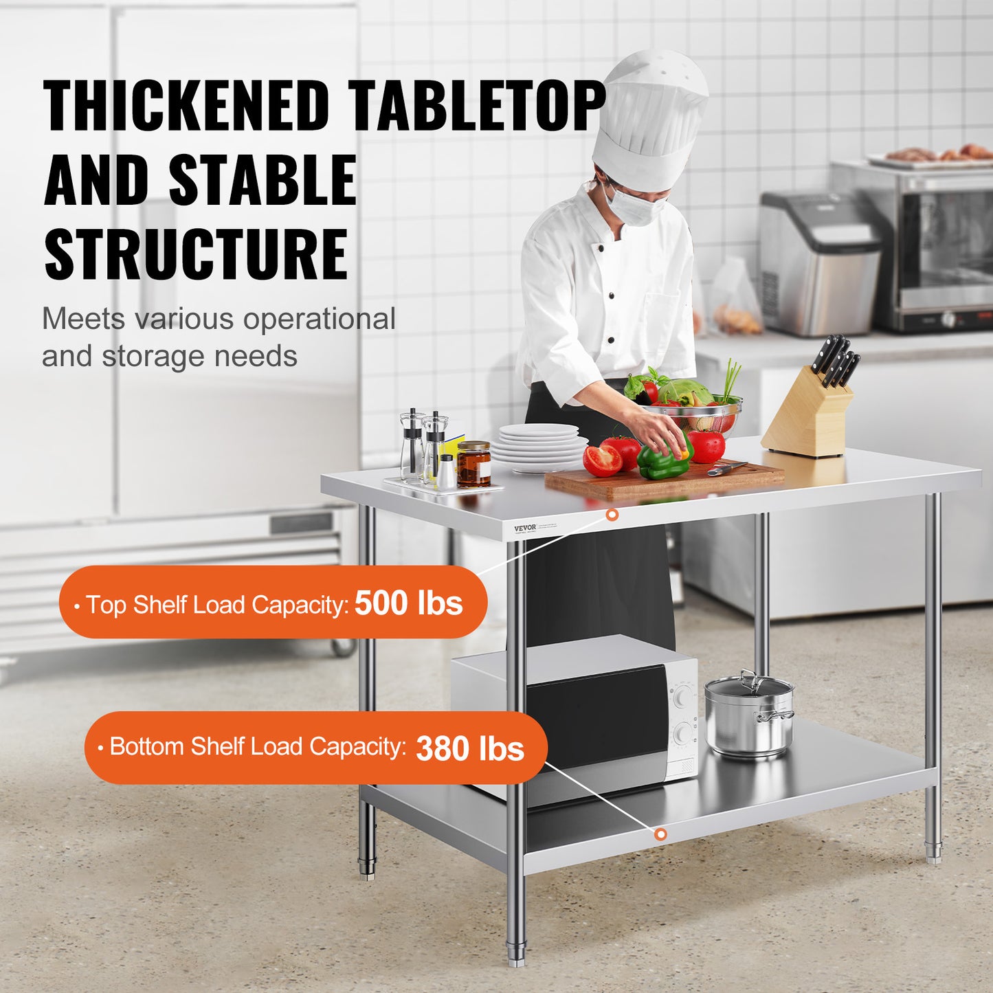 RVS Werktafel – Roestvrijstalen Werkbank – Keukentafel – Werkbank Met Planken – Met Verstelbare Legplaat – 122x86x76 cm – 0,8 mm Dikte – 3-niveau Verstelbaar