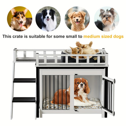 Hondenbench – Hondenkooi – Dierenkooi – Hondenhok – Hondenhuis – Met Trap – Massief Hout & Metalen Deur – 120x56x65 cm – Inclusief Zachte Matras en Dekentje – Zwart-Wit