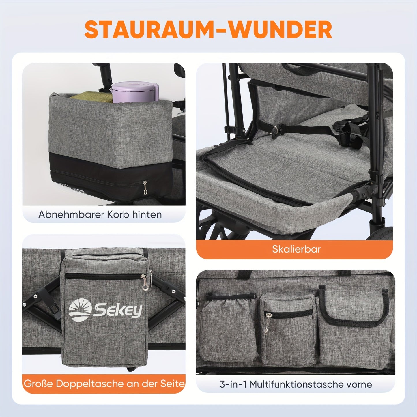 Opvouwbare Handwagen – Vouwwagen – Bolderkar – Transportkar – Trolley – XXL PU-wielen 24/20 cm – Schokabsorberende Vering & Comfortabele Gevoerde Zitting – Zwart