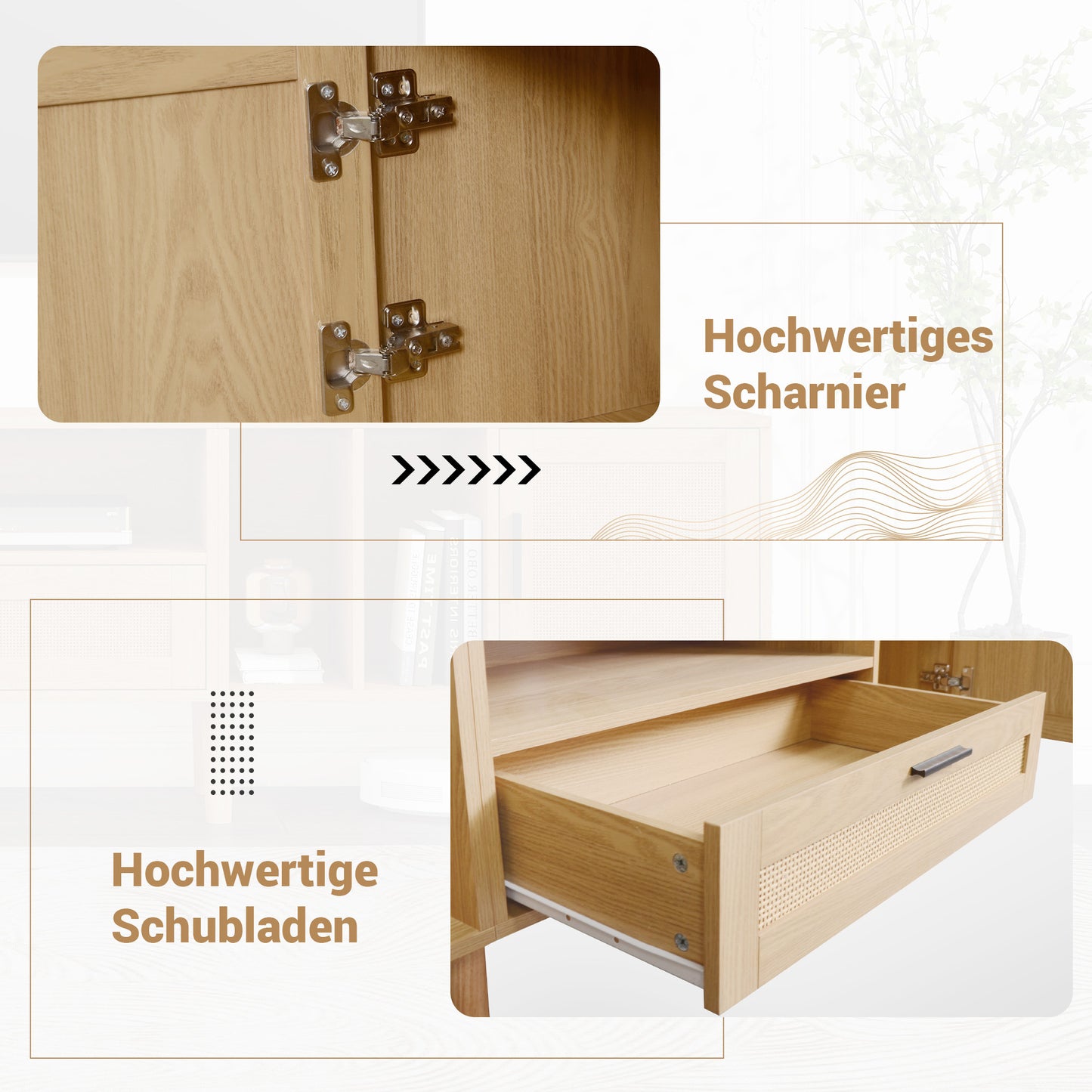 BTM TV Lowboard with Wood Look, Rattan Doors, and Drawer, 180 cm TV Stand for 80-Inch TVs, TV Cabinet with Cable Management, Storage Space & Solid Wood Legs, Scandinavian Design
