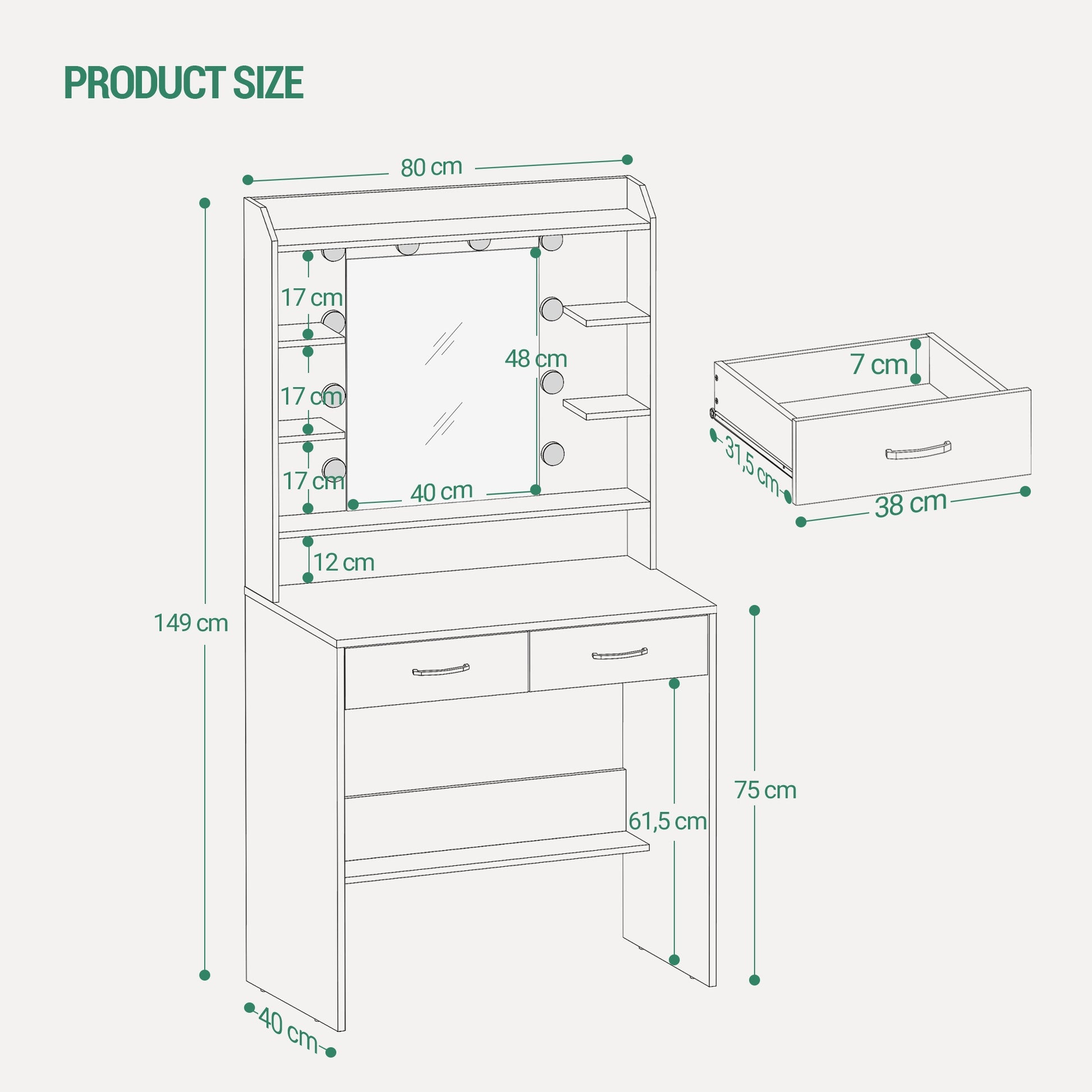 Dressing Table with Mirror And LED Light, Accessory Storage, Adjustable Brightness, Dressing Table with Shelves And 2 Drawers, Jewelry Cabinet, for Bedroom, Living Room, 40 X 80 X 149cm, White - QUORE