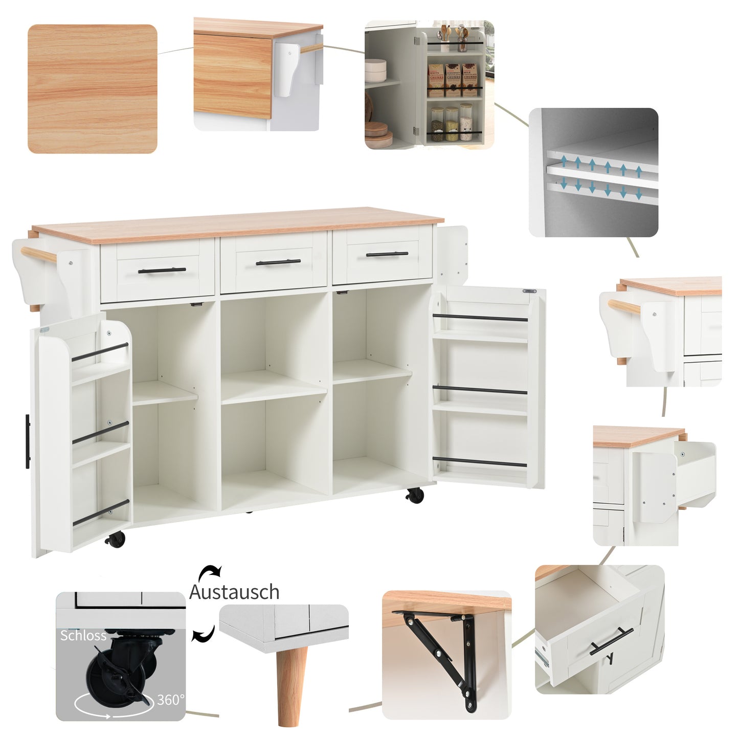 Keukentrolley – Keukenwagen – Serveertrolley – Werkbank – Opbergmeubel – Uitklapbaar Werkblad – Houtlook Afwerking – Met Laden en Verstelbare Planken – Mobiel of Vaste Poten – Wit