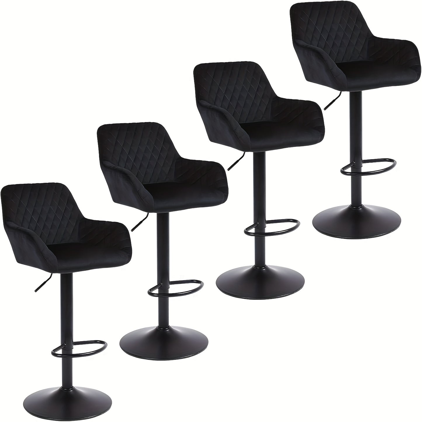 Barstoel – Barkruk – Barstoelen – Keukenstoel – Bistrostoel – In hoogte verstelbaar – 360° Draaibaar – Swan Velvet – Set van 4 – Rugleuning en Armleuning – Zwart – Draagkracht 150 kg