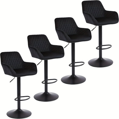 Barstoel – Barkruk – Barstoelen – Keukenstoel – Bistrostoel – In hoogte verstelbaar – 360° Draaibaar – Swan Velvet – Set van 4 – Rugleuning en Armleuning – Zwart – Draagkracht 150 kg
