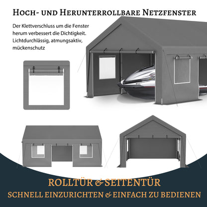 Carport – Garage Tent – Overkapping – Schuur – Opslagtent – Ruim 6x4x3m – UV-Beschermde PE Cover – Elektrisch Rolbare Franse Deuren
