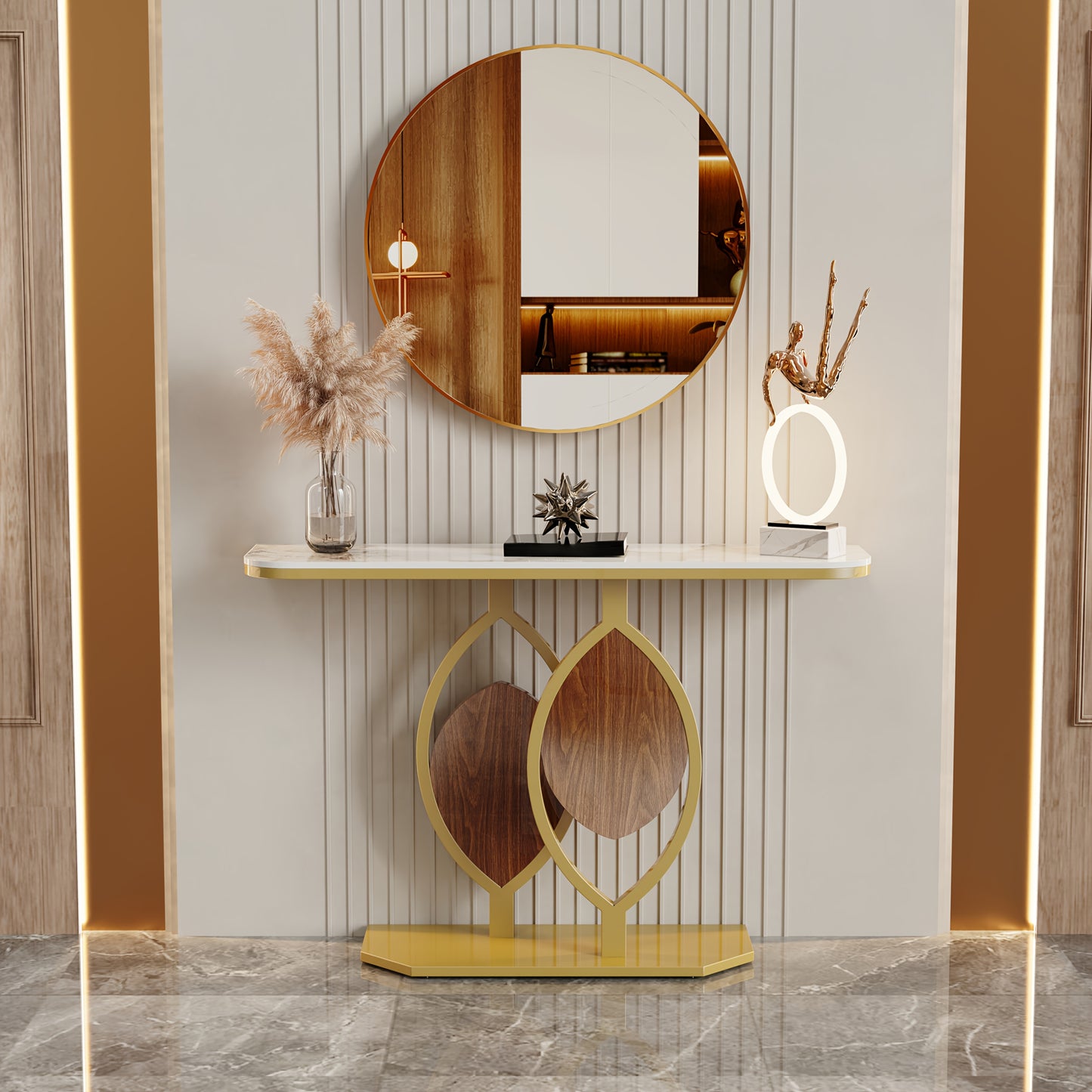 Sidetable – Consoletafel – Haltafel – Wandtafel – Entree Meubel – Luxe Sintered Stone Blad – Kras- en Hittebestendig – Gouden Zelfstabiliserend Metaalframe – Draagvermogen 99,79 kg