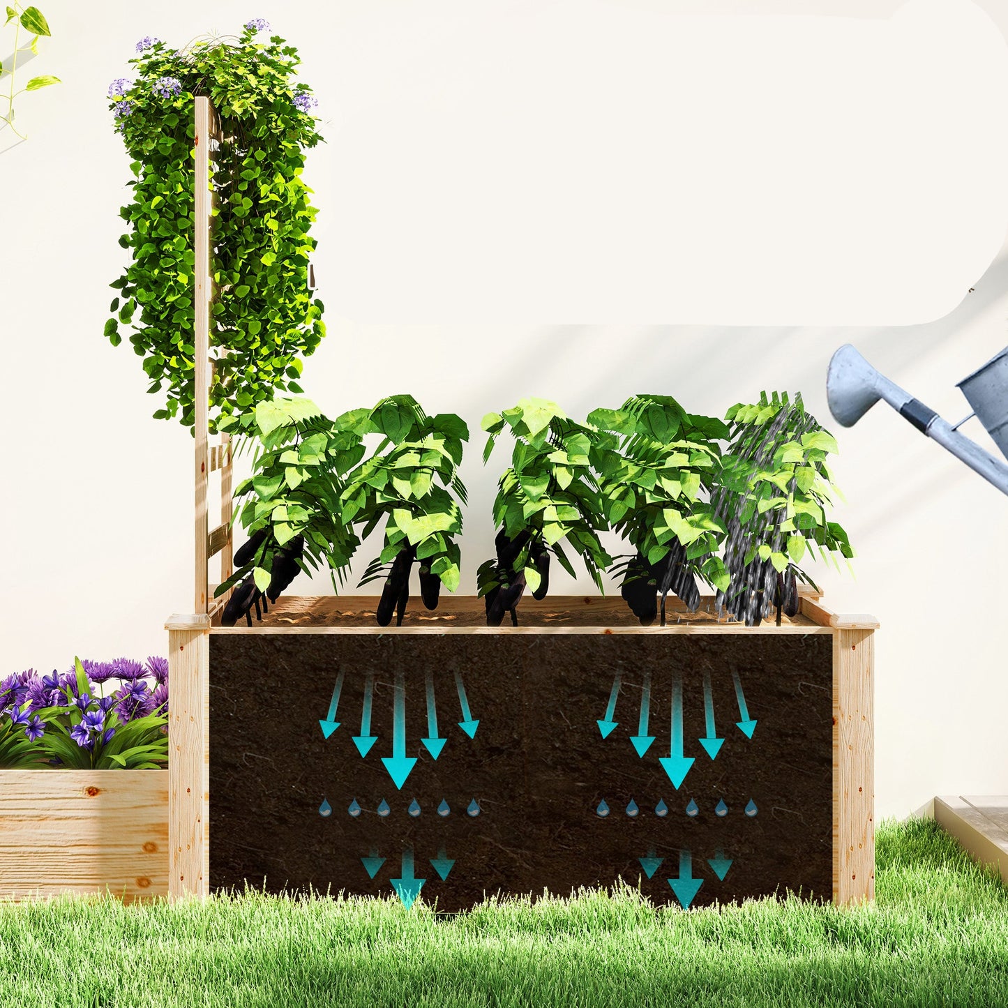 Tuinbak – Plantenbak – Bloembak – Plantenbak Hout – Verhoogde Plantenbak – Natuurlijk Hout – Met Trellis – 222 x 63 x 132 cm – Open Bodem voor Optimale Drainage