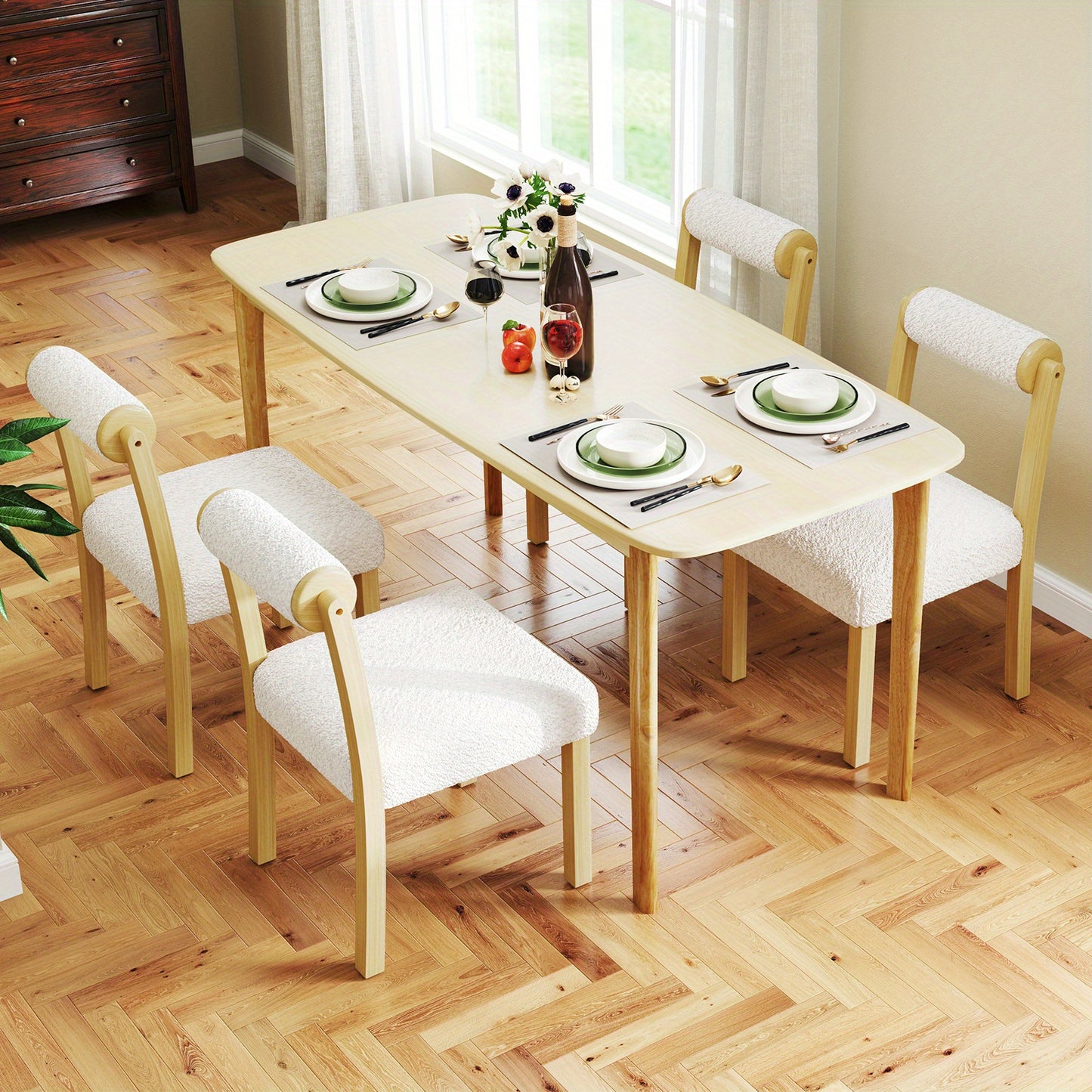 Eetkamerstoel – Houten Stoel – Keukenstoel – Dining Chair – Stoel Met Kussen – Set Van 2 Of 4 – Witte Faux Sherpa Bekleding – Stevig Rubberhouten Frame