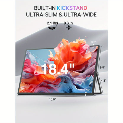 Portable Monitor – Draagbaar Scherm – Extra Scherm Laptop – Mobiele Monitor – USB-C Monitor – 18,4 Inch 4K UHD – 10-Bits IPS HDR – 180° Verstelbare Arm & VESA Mount