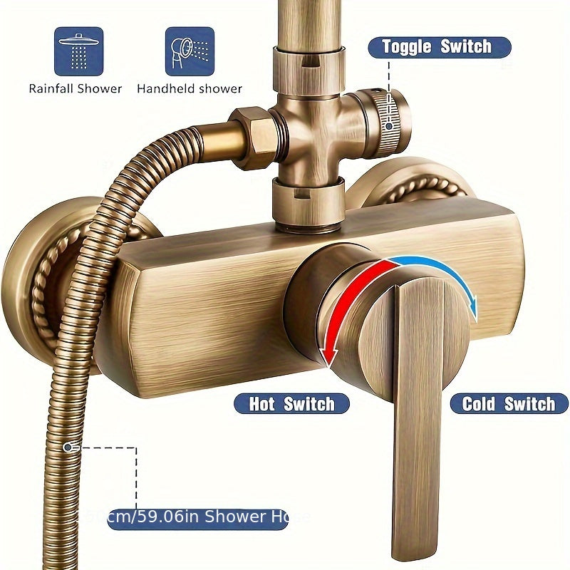 Doucheset – Regendouche – Handdouche – Douchekraan – Douchegarnituur – Antiek Messing Goud – Verstelbare Hoogte 70-120 cm – 20 cm Regendouchekop
