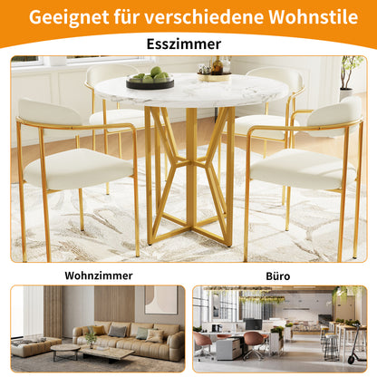 Ronde Eettafel – Eetkamertafel – Keukentafel – Woonkamertafel – Ronde Tafel – Gouden Metalen Poten – Marmerlook MDF Blad – 80x80x76 cm – Geschikt Voor 4-6 Personen