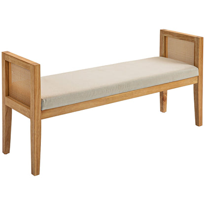 Woonkamerbank – Zitbank – Slaapbank – Bankje – Halbank – Rattan Armleuningen – Stevig Houten Frame – Comfortabele Linnen-look Bekleding – 120 cm Lang