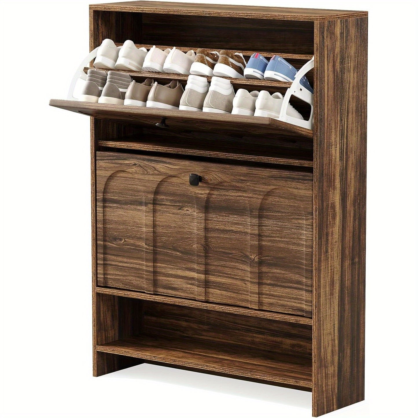 Schoenenkast Smal – Schoenenopberger – Schoenenschuifkast – Halmeubel – Schoenrek – Space-Saving Design – Duurzame Houten Constructie – 2 Kiepdeuren & Open Plank