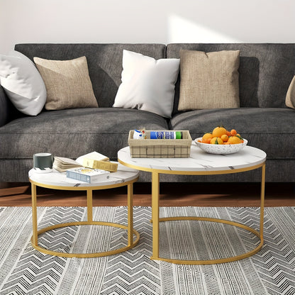 Ronde Bijzettafels – Salontafel – Side Table – Tafel Set – Woonkamertafel – Gouden Accenten – Kunststeen Marmerlook – Ø 80 + 60 cm – Modern Design