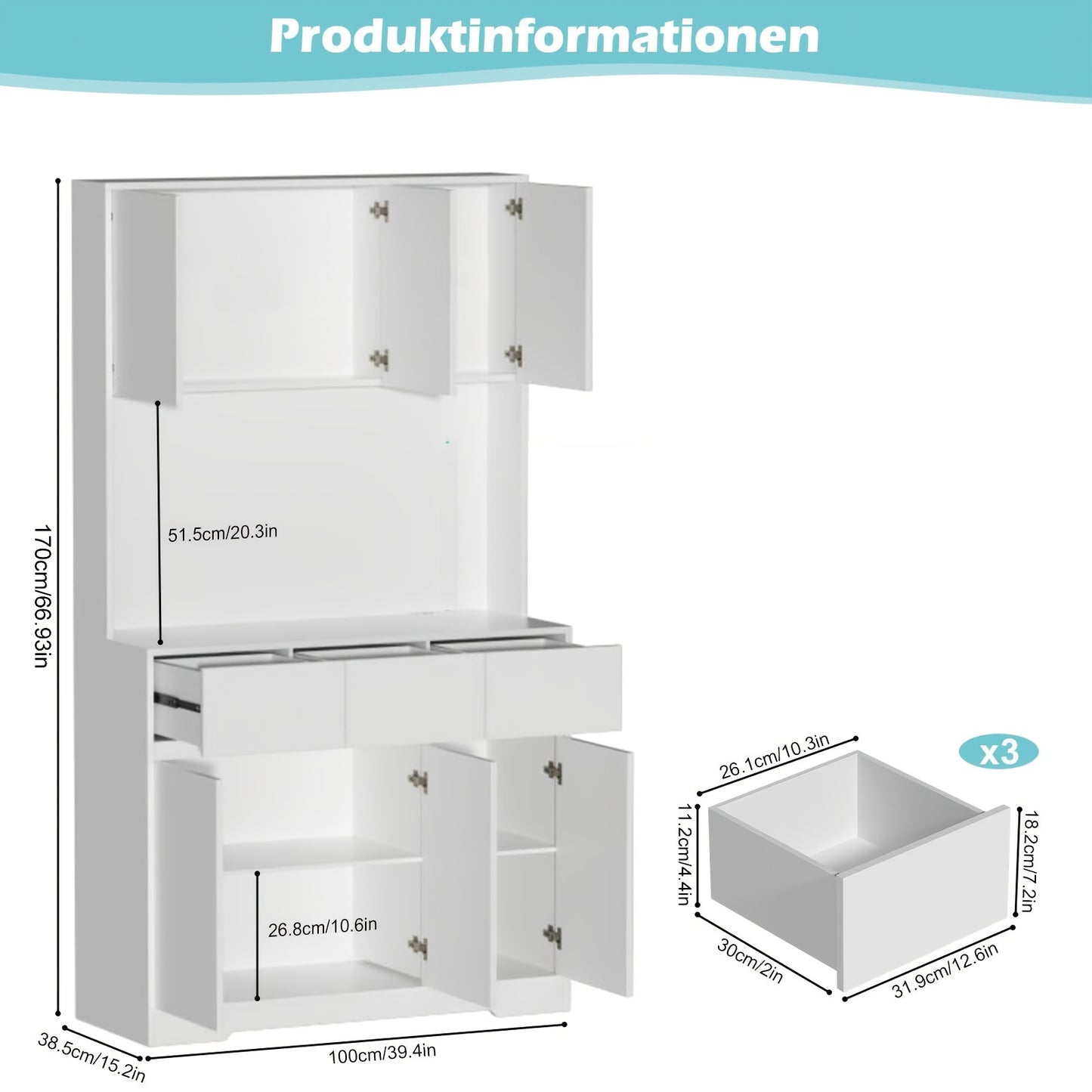 Keukenkast – Keukenopbergkast – Keukenkast Staand – Magnetronkast – Opbergkast – Grote Opbergcapaciteit 3,2+ m³ – Duurzaam MDF & Hardhout – 68,58 cm Hoog – 2 Planken & 2 Lades – Strak Wit Design