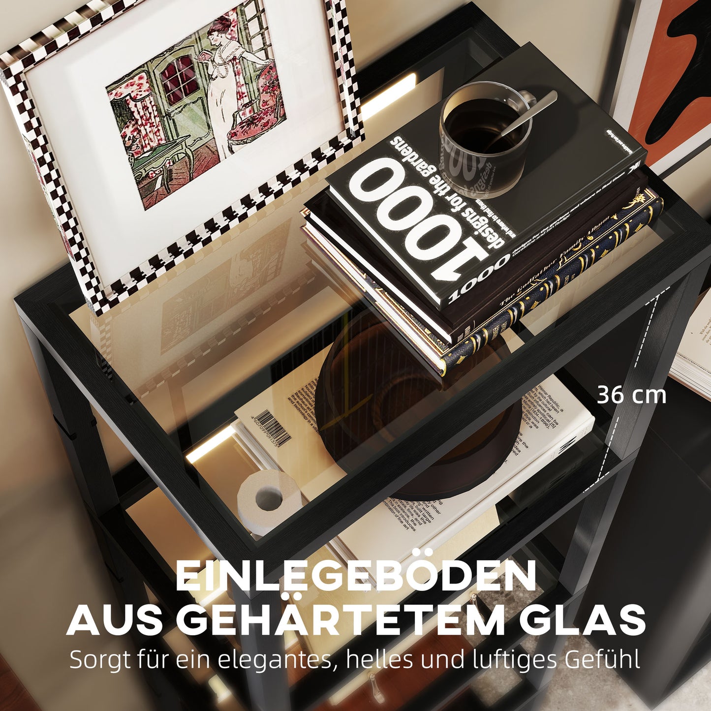 LED Vloerlamp – Staande Lamp – Lichtmeubel – Opberglamp – Zwarte Vloerlamp – Energiezuinige LED – Vier Glazen Planken