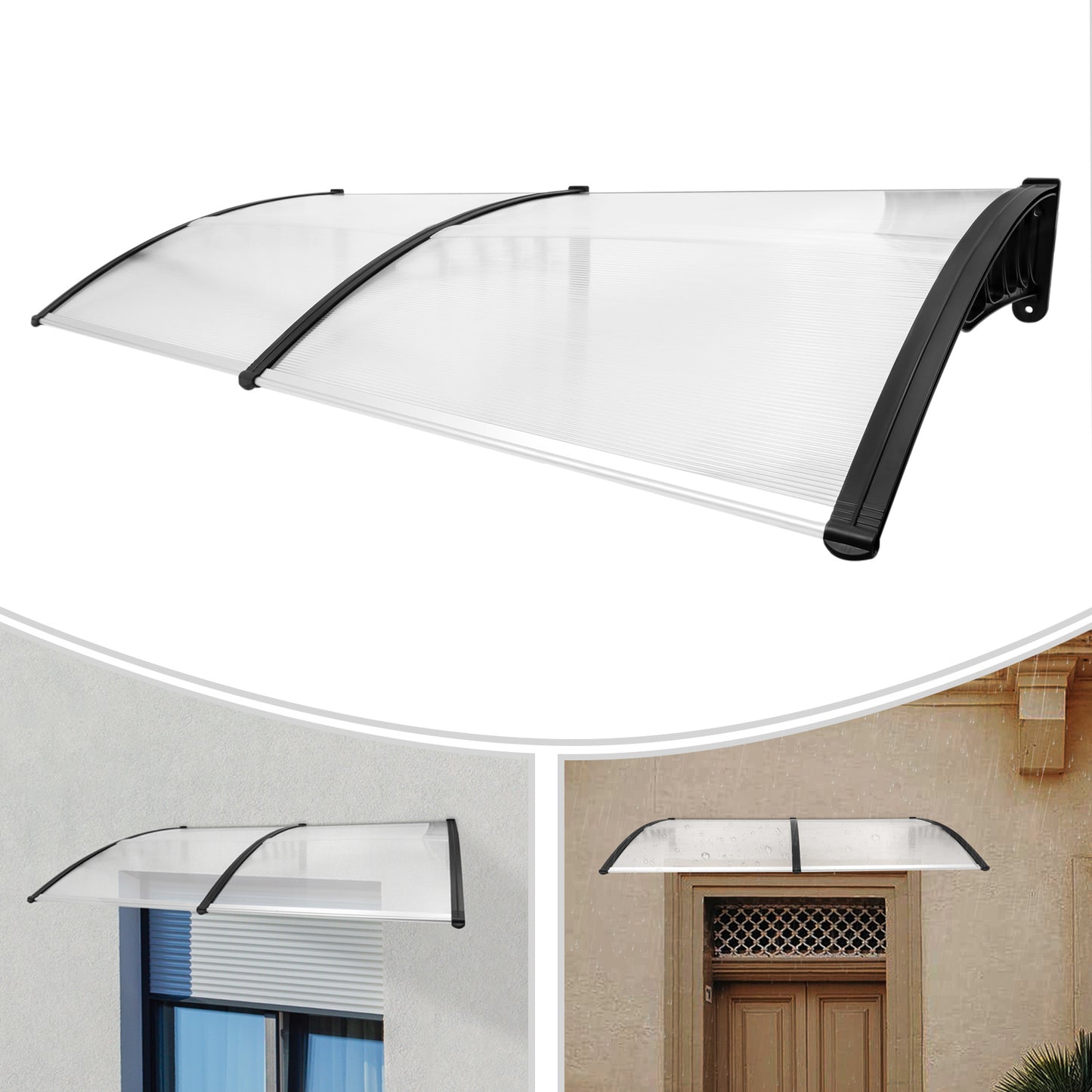 Deurzonwering – Deurluifel – Voordeurkap – Overkapping – Zonwering – Duurzaam PC/PP Materiaal – 200 cm Breed – Modern Gebogen Design – UV- en Weerbestendig – Makkelijke Wandmontage
