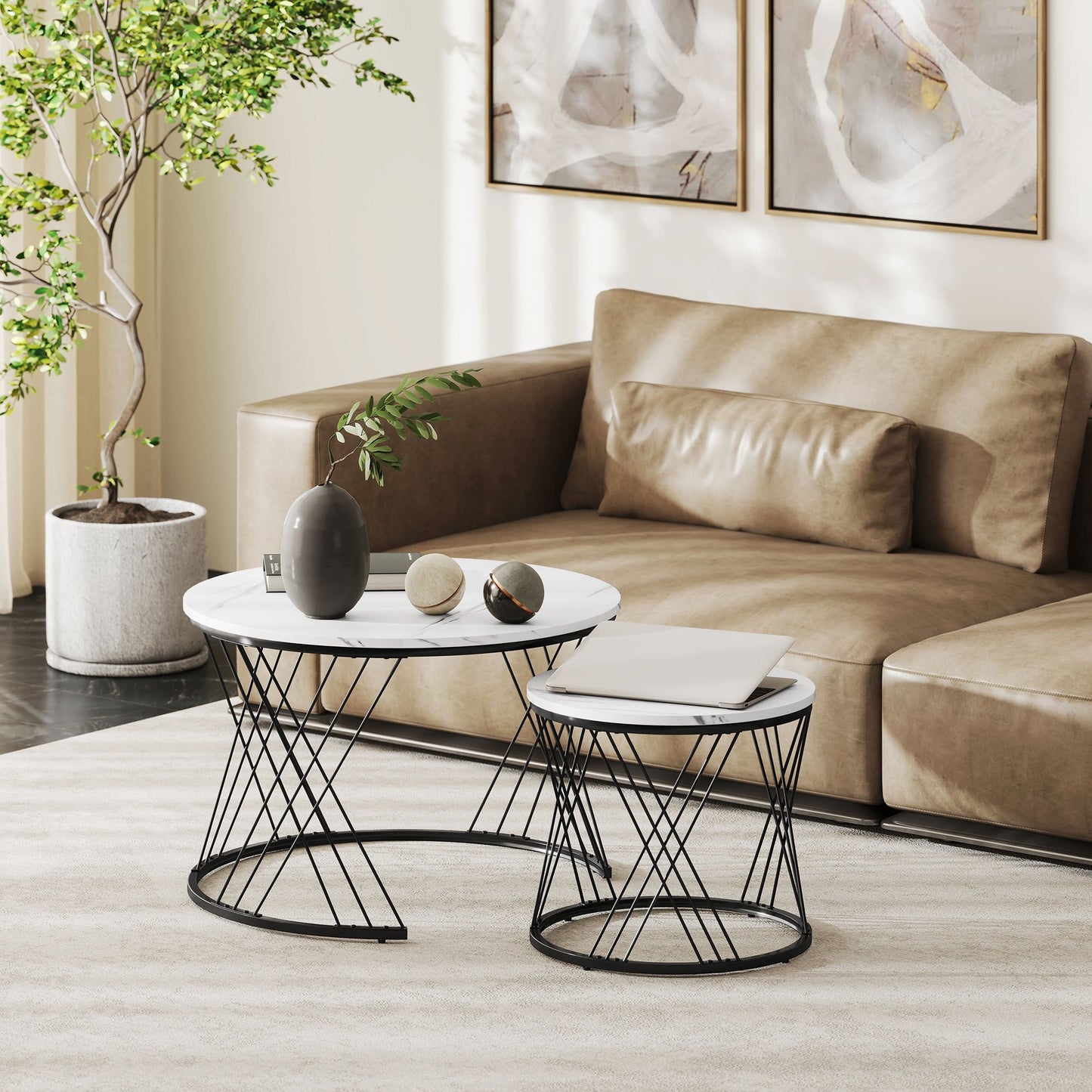 Salontafel – Koffietafel – Bijzettafel – Ronde Tafel – Nestbare Tafel – Marmerlook – Metaal & Spaanplaat – Set van 2 – Ø70 & Ø44,5 cm