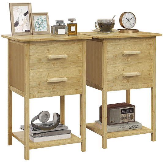 Nachtkastje – Bedtafeltje – Bijzettafeltje – Nachtkast – Opbergkastje – Bamboe – 2 Laden En 1 Plank – Scandinavisch Design – 40x34x60 cm – Natuurlijk Hout