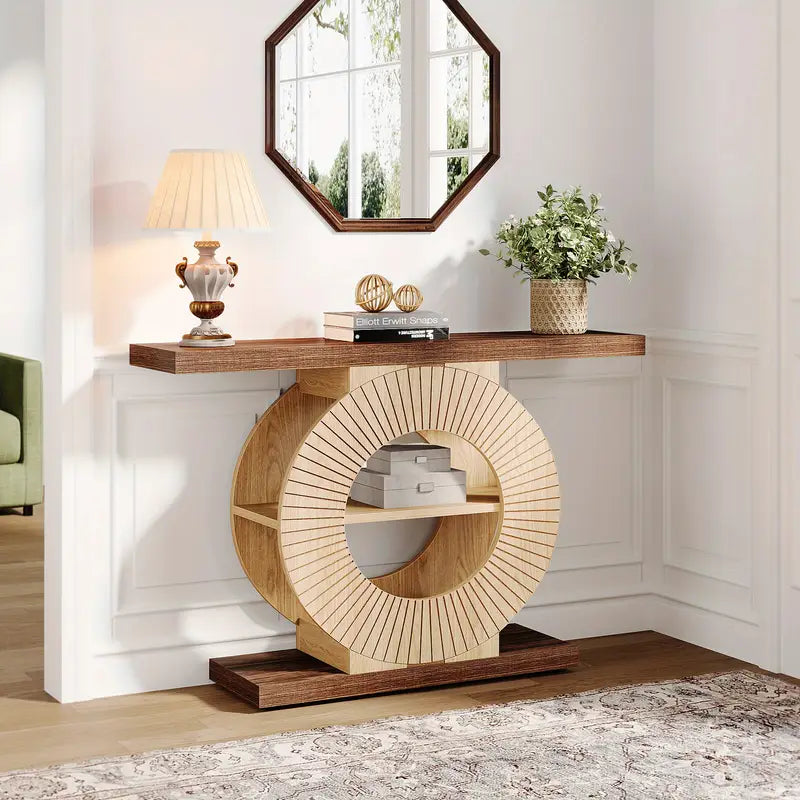 Console Tafel – Halltafel – Sofa Tafel – Entree Tafel – Accent Tafel – Modern Farmhouse – Massief Hout & Open Opbergruimte – Walnootbruine Afwerking – Stevige Ronde Basis – 39.3 Inch