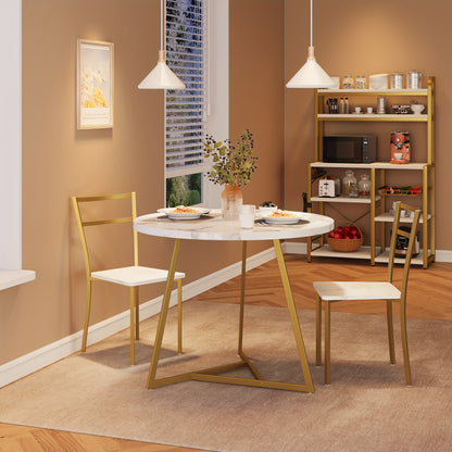 Eettafelset – Eettafel – Eetkamerset – Keukentafel – Zitgroep – Ronde Tafel 80 cm – 2 Gestoffeerde Stoelen – Gouden Metalen Frame – Wit MDF Tafelblad – Compact & Ruimtebesparend – Duurzaam Hout-Metaal