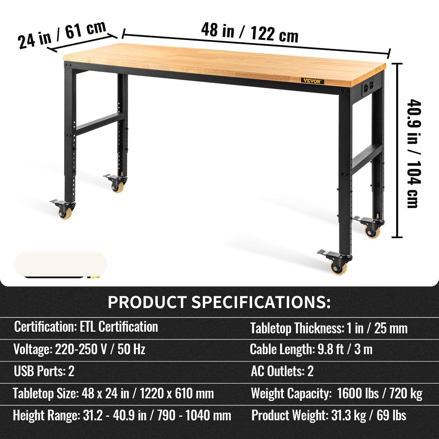 Werkbank – Werktafel – Werkbankje – Klusbank – Verstelbare Werkbank – 122 x 61 cm Massief Houten Blad – Ingebouwde Stopcontacten en USB-A Poorten