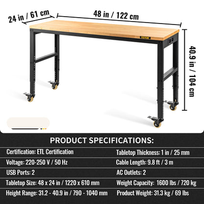 Werkbank – Werktafel – Werkbankje – Klusbank – Verstelbare Werkbank – 122 x 61 cm Massief Houten Blad – Ingebouwde Stopcontacten en USB-A Poorten