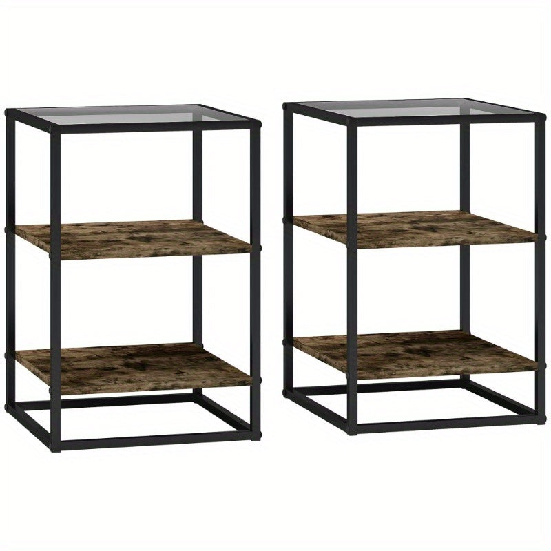 Bijzettafel – Sidetable – Nachtkastje – Salontafel – Banktafel – Rustiek Bruin – Glasblad – 3 Niveaus Opbergruimte – 37x40x55,5 cm