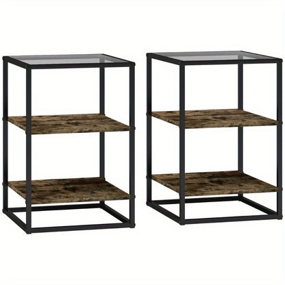 Bijzettafel – Sidetable – Nachtkastje – Salontafel – Banktafel – Rustiek Bruin – Glasblad – 3 Niveaus Opbergruimte – 37x40x55,5 cm