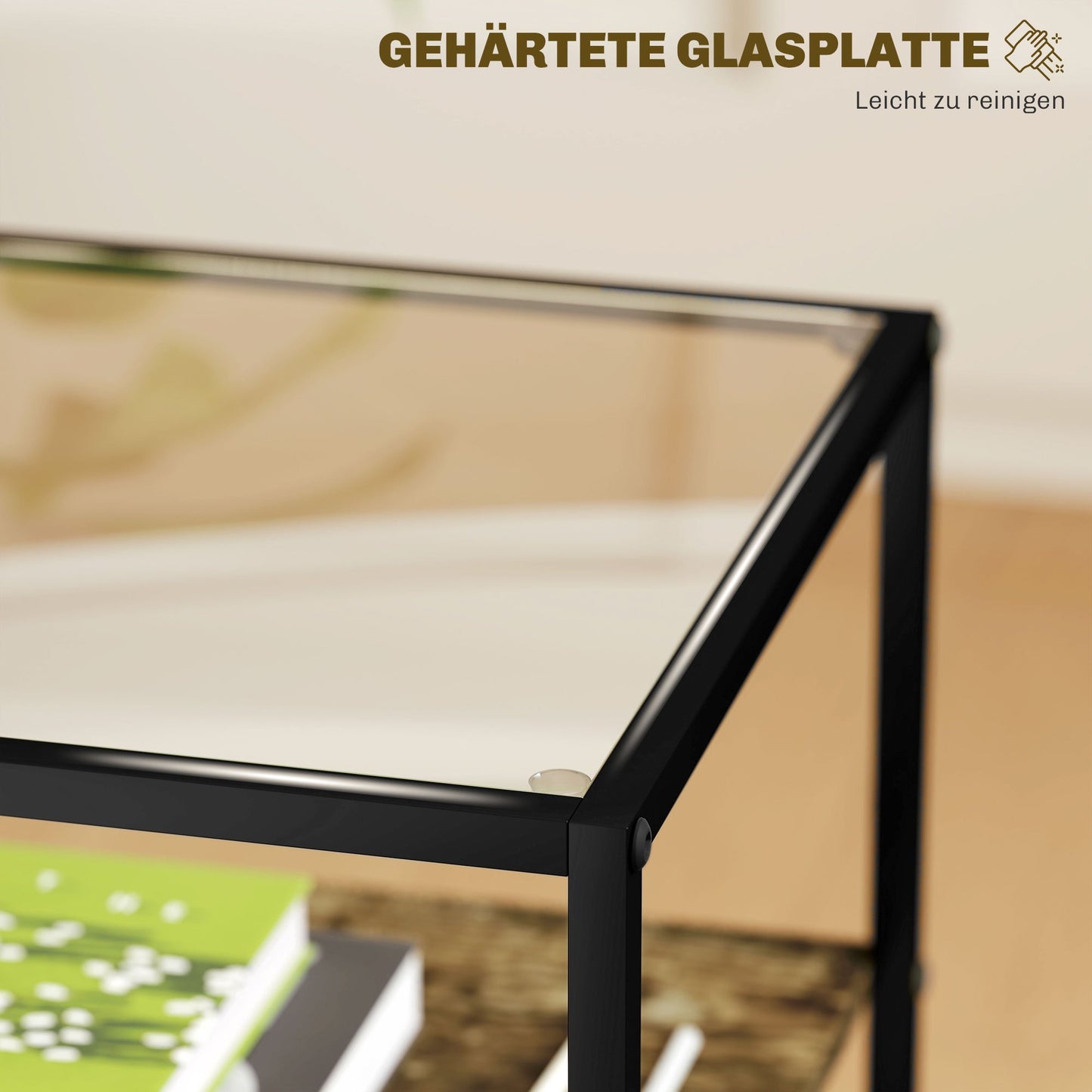 Bijzettafel – Salontafel – Tafeltje – Nachtkastje – 2-delige Set Rustic Brown – Met Glazen Blad – Robuust Metalen Frame – 3-laags Design