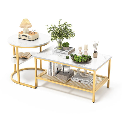 2-in-1 Salontafel Set – Woonkamertafel – Bijzettafel – Koffietafel – Ronde Tafel – Goud Metalen Frame – Kunstmarmeren Blad – Extra Opbergruimte