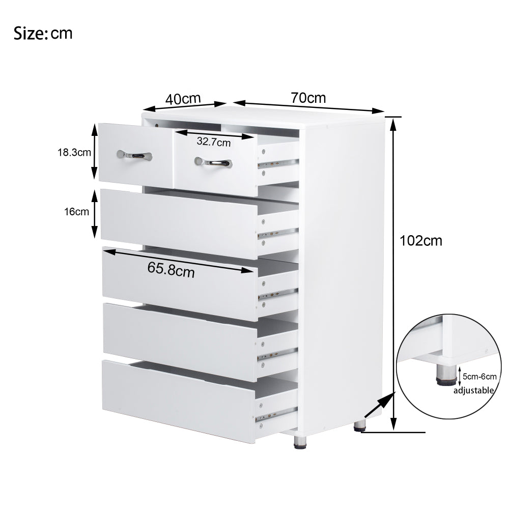 6-Drawer White Modern Minimalist Side Table with Black-Tipped Latches - Heavy-Duty Non-Wood, Easy Assembly, Compact Multi-Drawer Organizer for Bedroom,, Office - Durable White Furniture