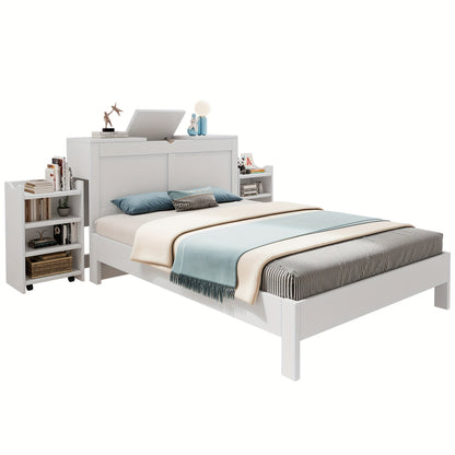 Bedframe – Tweepersoonsbed – Slaapbank – Kinderbed – Meubel – Wit – Bamboe Materiaal – Hoofdeinde Met Opbergruimte