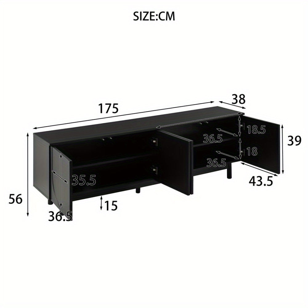 Modern Black TV Cabinet - 175 x 38 x 56cm, Adjustable Single Layer Media Storage with 4 Shelves, Lightweight Durable Design for Living Room, Bedroom, Office - No Assembly Required, Minimalist Furniture, Sleek Texture Finish,