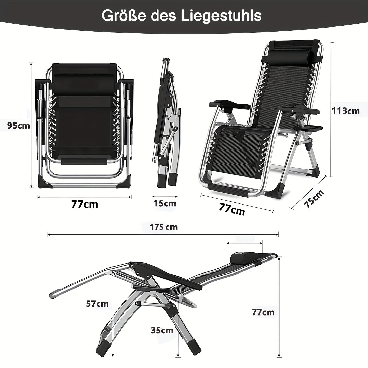 Foldable Lounge Chair, Reclining Sun Lounger For Garden With Headrest, Garden Lounge Chair With Drink Holder, Sun Chair, Weight Capacity 200 Kg, Foldable Garden Lounge Chair For Garden, Beach, Pool, And Balcony